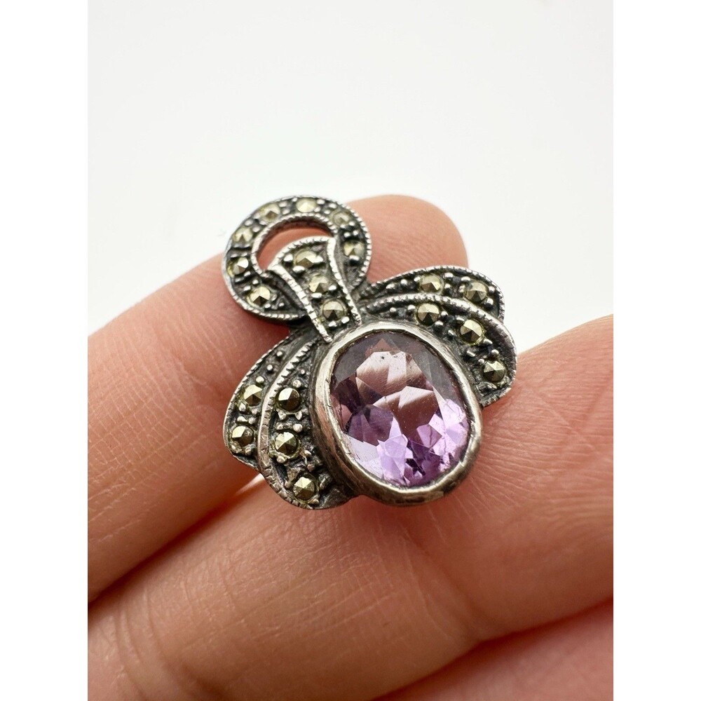 925 Sterling Silver Amethyst Marcasite Charm Pendant
